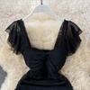 Sexy Short Sleeved High Waist Slimming Pleated Square Collar Wrapped Hip Dress