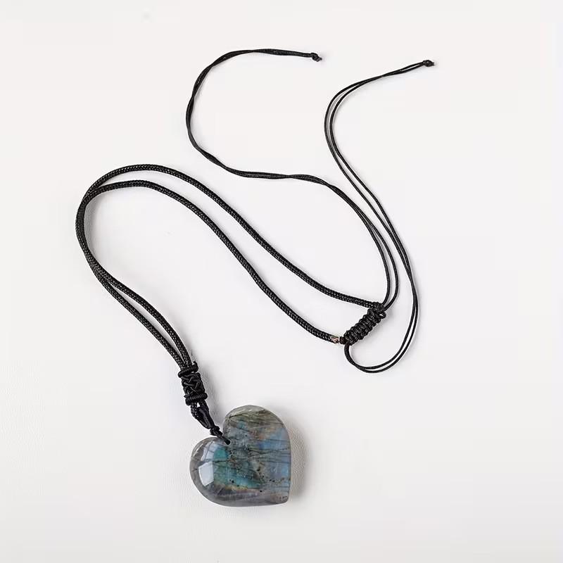 Long Natural Labradorite Crystal Heart Pendant Necklace With Polished White Quartz For Romantic Gifts