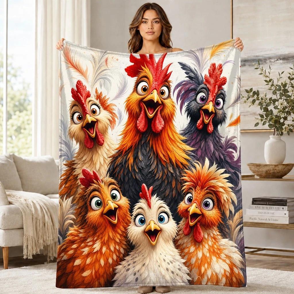 Whimsical Chicken Flock Coral Fleece Blanket Farm Animal Decor