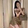 Celebrity daughter style sexy pleated design diagonal neck dress women's summer new slim skirt