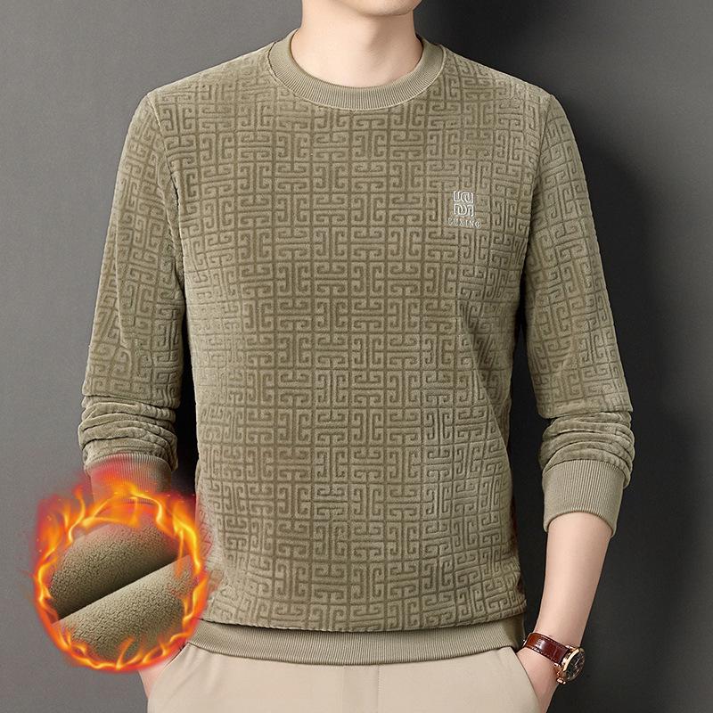 Men's Double-Sided Chenille Jacquard Round Neck Hoodie, Velvet-Lined, Loose Fit, Winter 2025 Warm Top