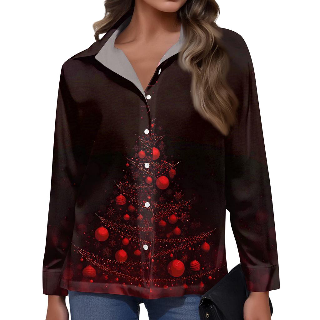 Women's Christmas Print Casual Half-Open Collar Long Sleeve Shirt