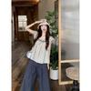 Kumikumi Casual Set Women Retro Stripe Flying Sleeves Shirts Summer Loose Wide Leg Casual Pants Two-piece Set