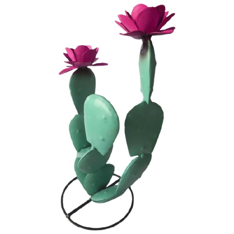 Rustic Metal Art Sculpture Cactus Metal Statue with Flowers  Handmade