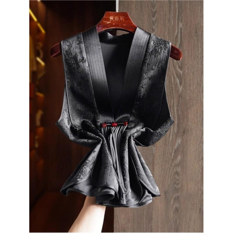 

Женский жилет китайского дизайна на весну и осень, жаккардовый винтажный топ с V-образным вырезом и пуговицами XS чёрный