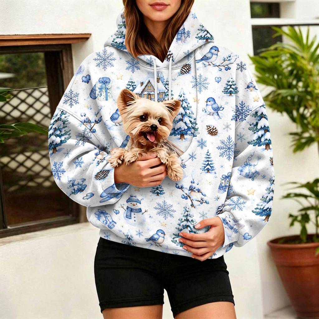 Women's Fashion Christmas Print Pullover Hoodie with Large Pet Pocket for Casual Wear
