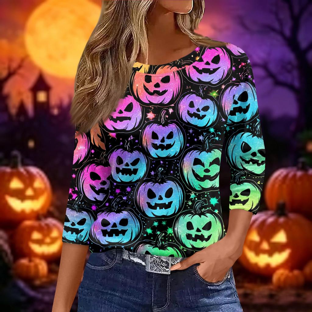 Women's Halloween and Pumpkin Print Short Sleeve Round Neck T-Shirt Casual Pullover Top