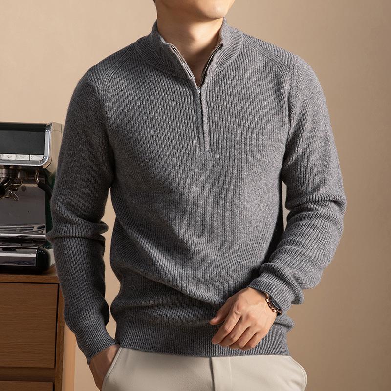 Men's 100% Wool High Collar Zipper Sweater - Thick, Warm Knitted Base Layer for Autumn/Winter