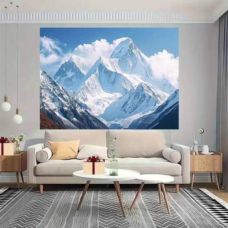 2D Winter Mountain Tapestry, Majestic Snow Covered Peak Background Cloth