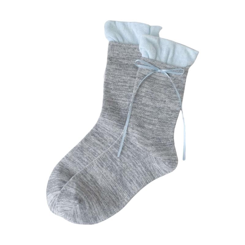 Womens Japanese Sweet Ribbon Bowknot Accent Crew Socks Elegant Students Color Block Ruffle Top Splicing Cotton Socks