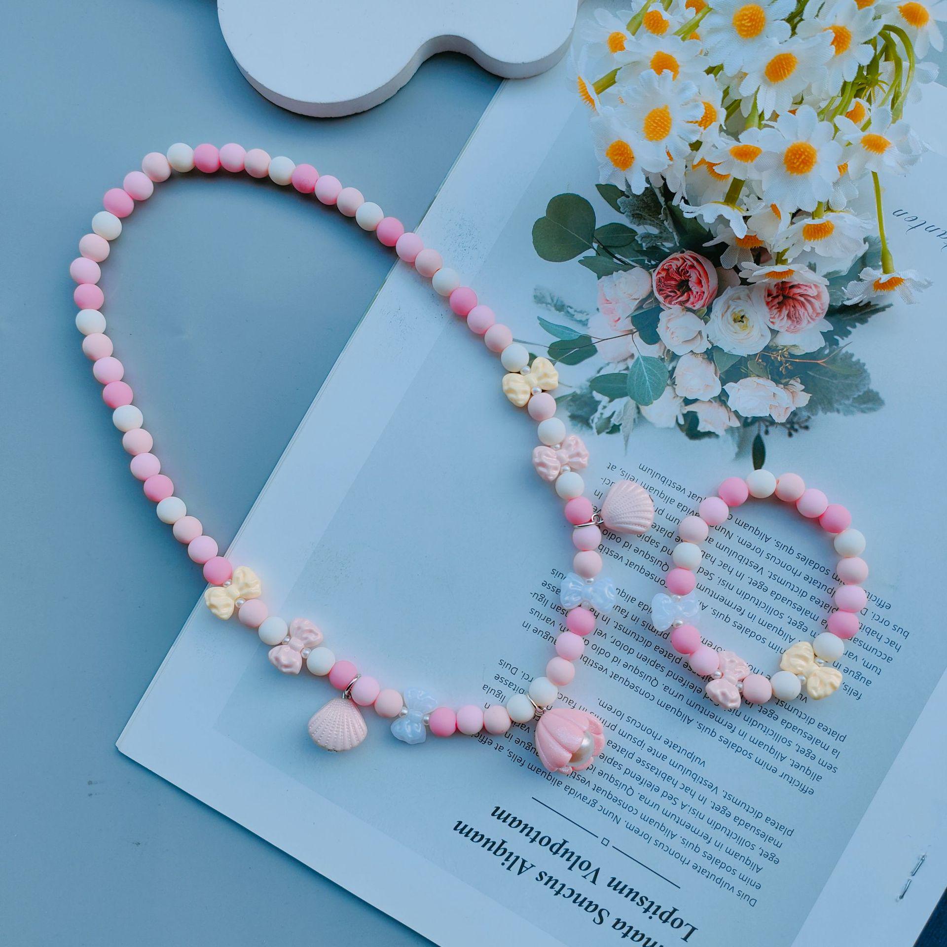 Cartoon Kids Candy Color Bead Bow Knot Necklace & Bracelet Set with Mother-of-Pearl Shell