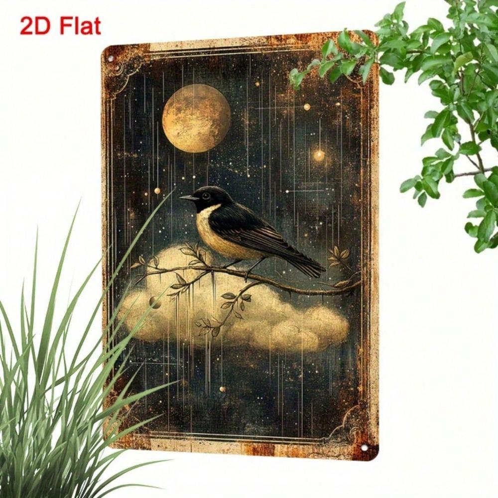 Vintage Moon & Stars Metal Wall Art, 8x12, Retro Celestial Bird Iron Sign for Living Room Office