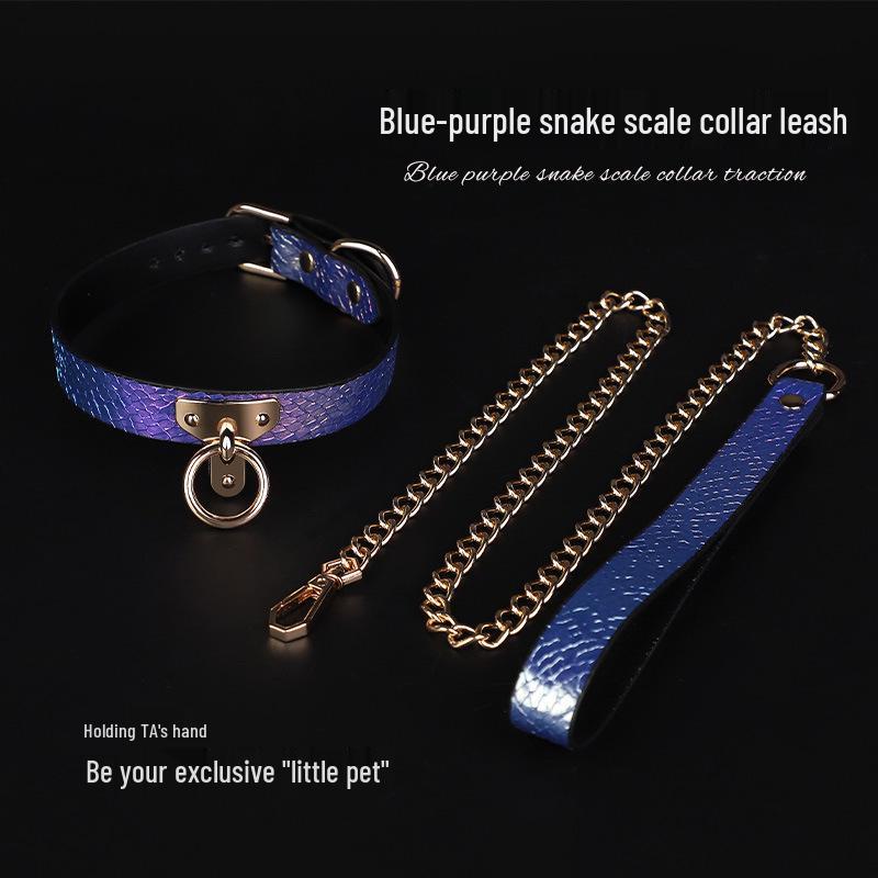 Gradient Snake Skin Leather Collar & Chain Leash - Unisex SM Erotic Toy for Training & Punishment