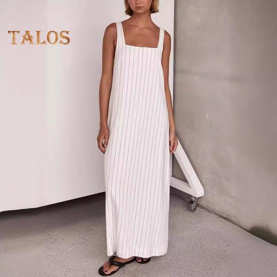 Καλοκαιρινό Γυναικείο Αμάνικο Ηλιοφόρεμα με Τετράγωνη Λαιμόκοψη, Ριγέ, Φαρδύ, Α-γραμμής, Μάξι Μήκος Αστραγάλου, Παραλίας, Μακρύ Φόρεμα για Καθημερινή Χρήση, Μετακίνηση, Ραντεβού