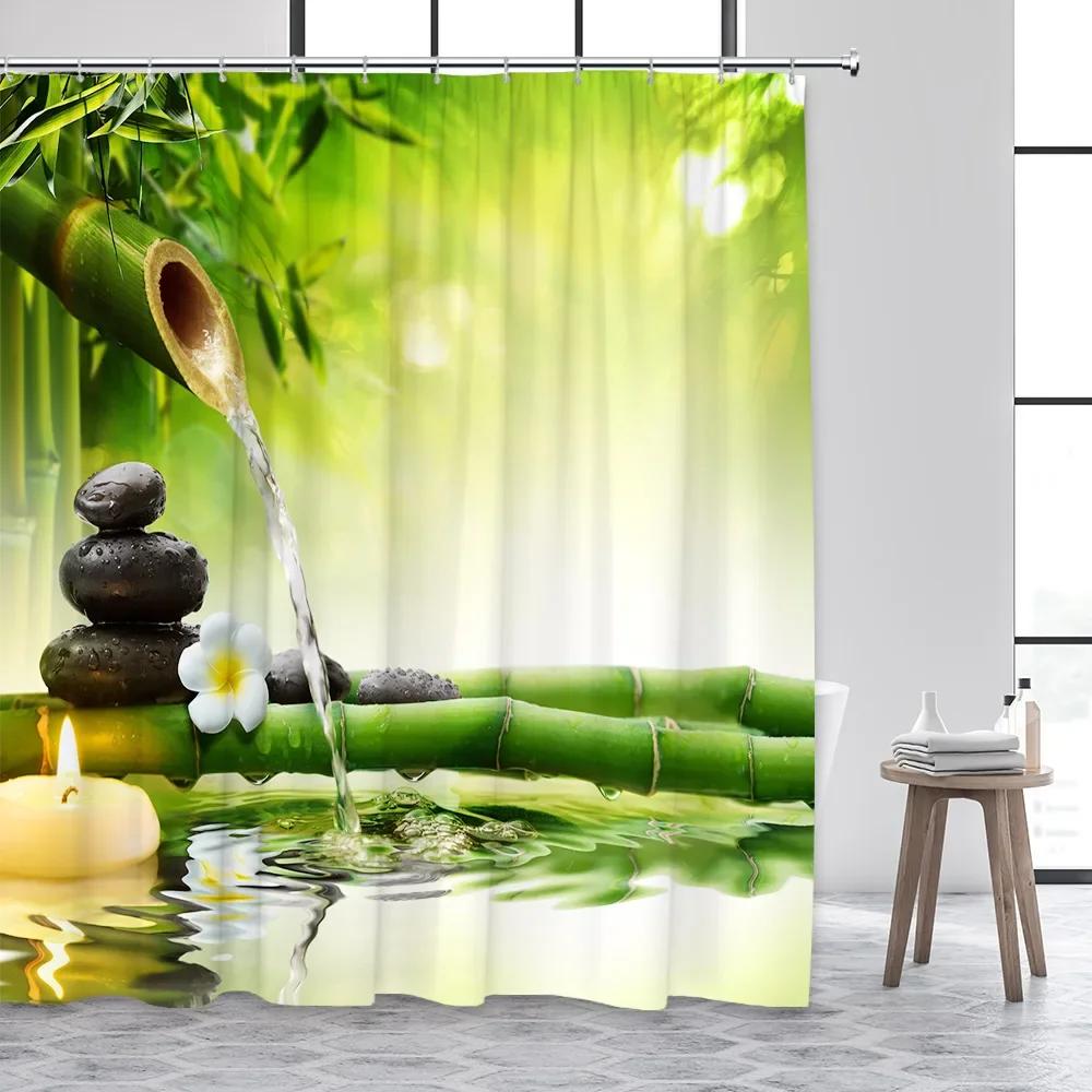 Zen Buddha Green Bamboo Shower Curtain Palm Trees Beach Ocean Flower Plant Nature Landscape Wall Hanging Bathroom Decor Curtains