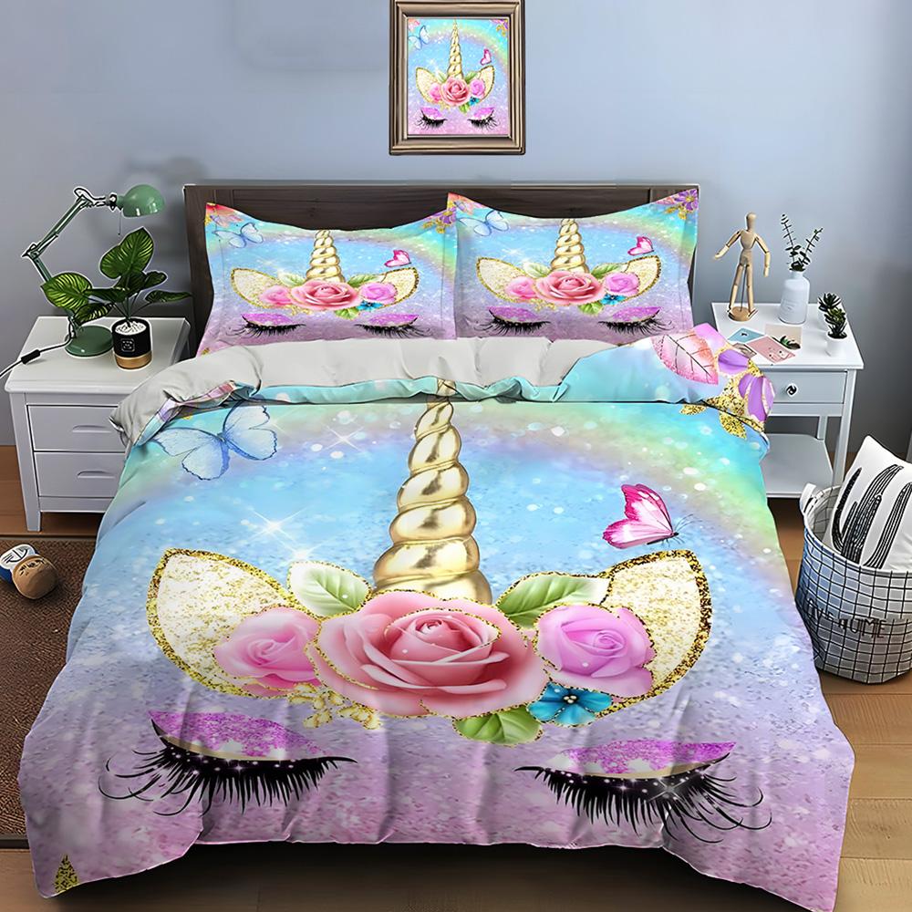 3PC Pink Unicorn Print Bedding Set Duvet Cover 1 Duvet Cover 2 Pillowcases Adult and Children Bedding Set Luxury To Girls Gifts