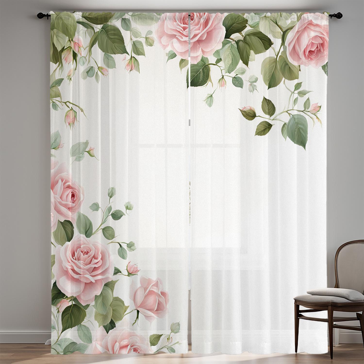 

2Pcs Elegant Floral Print Sheer Curtains, Pink Roses & Green Leaves, Machine Washable Polyester, Rod Pocket Design, 100-120Gsm, 53x116cm 2pc&Without mount