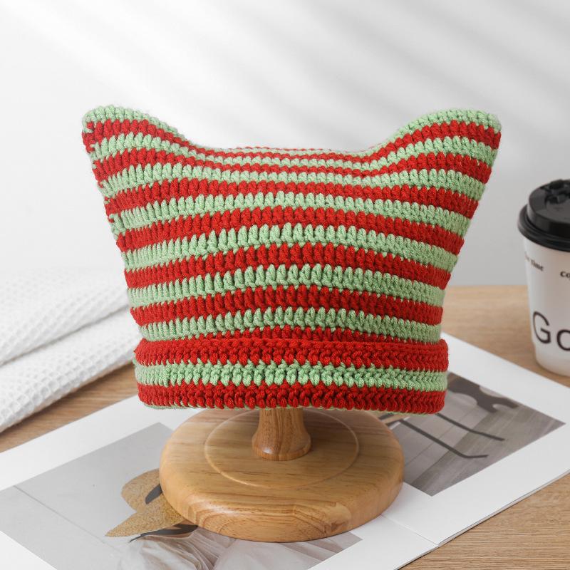 Hat Autumn and Winter Knitted Wool Hat Funny Cat Ear Hat Winter Warm Striped Devil Hat Tide