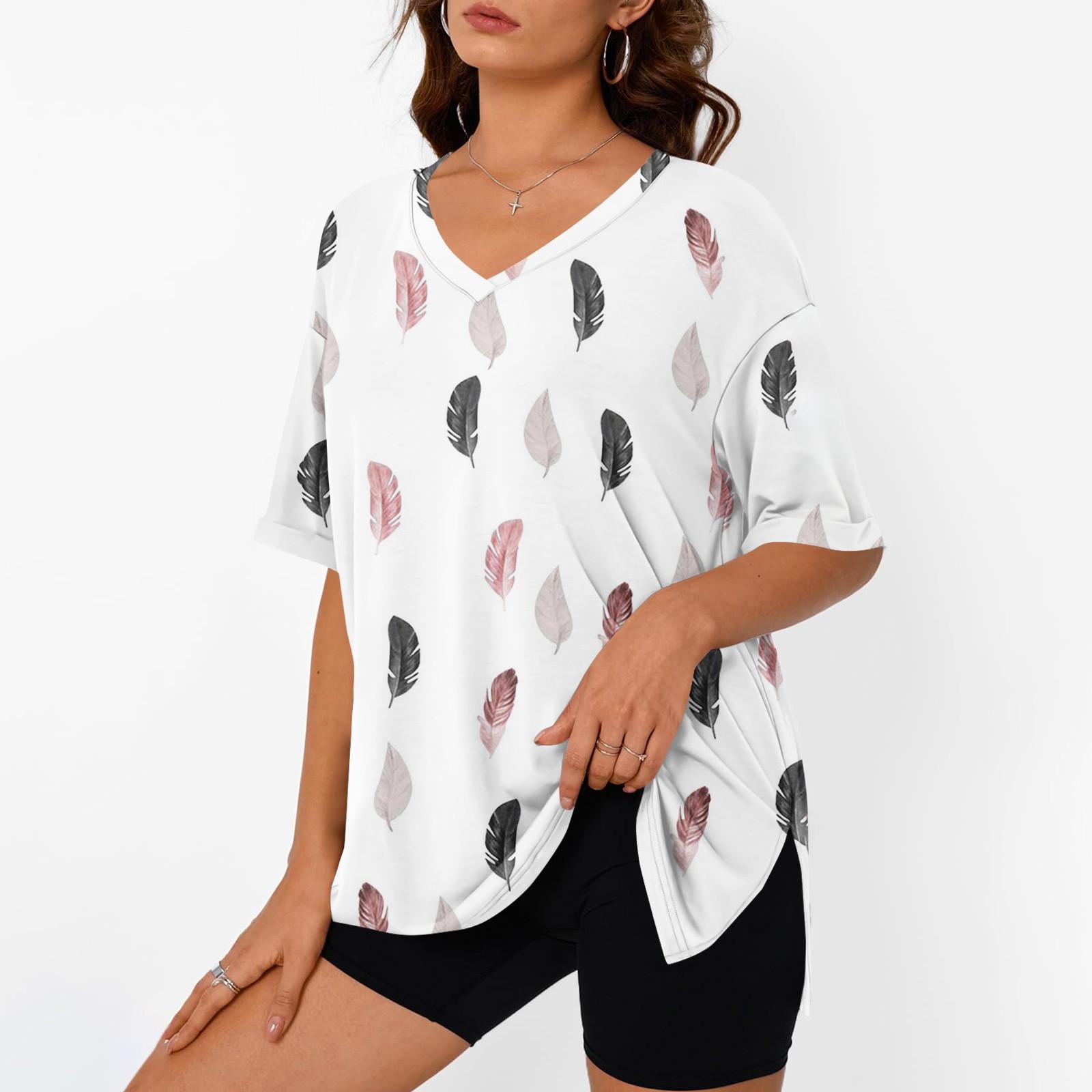 Women s Summer Casual Tops  Print Large Size T-shirts V-neck Short-sleeved Shirts Casual Loose Tops XXL белый