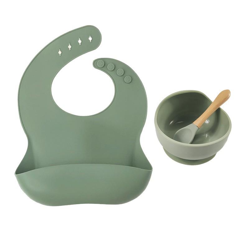 Silicone Bib & Tableware Set: Snail Bowl, Wooden Handle Spoon & Fork - Child Safe 3-Piece Feeding Kit