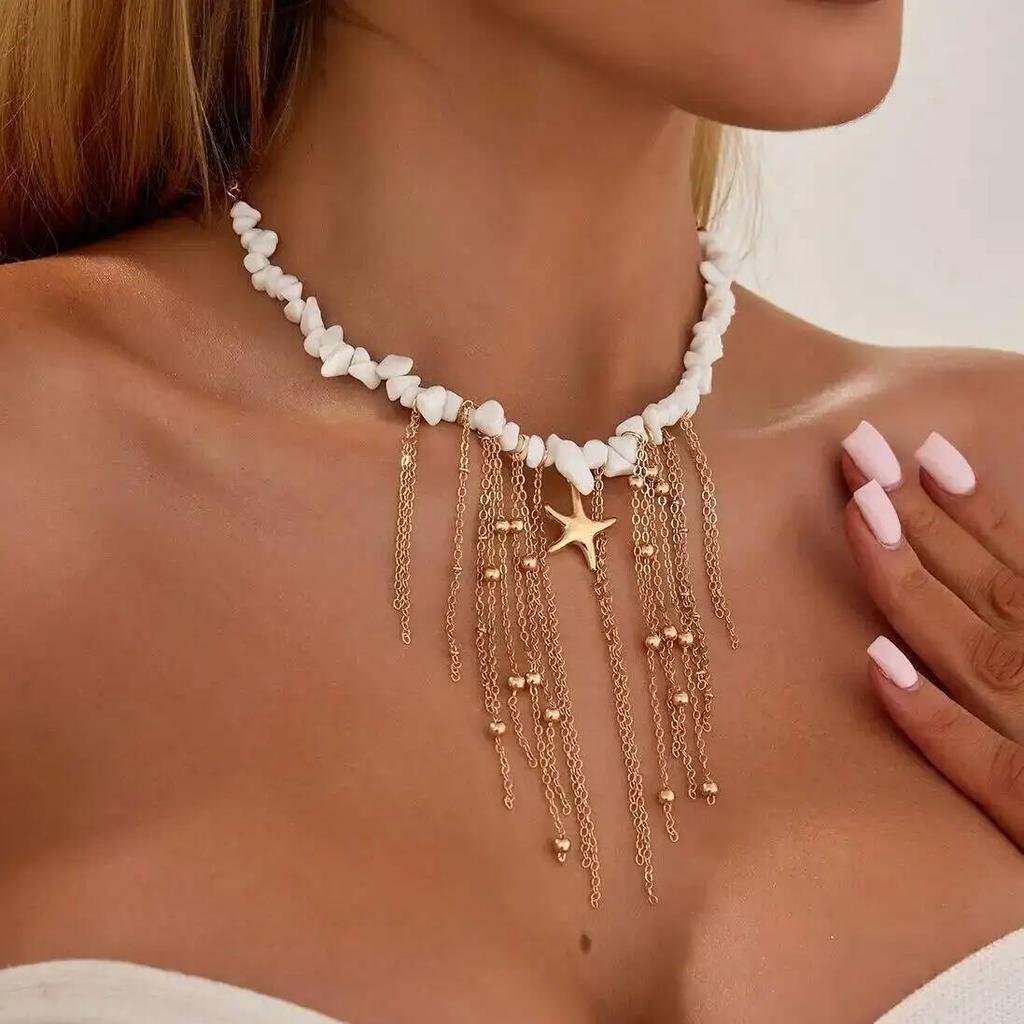SHIXIN Boho Starfish Tassel Necklace Pendent Necklace Women Vintage Summer Gravel Beaded Clavicle Chain Party Jewelry 2026 New