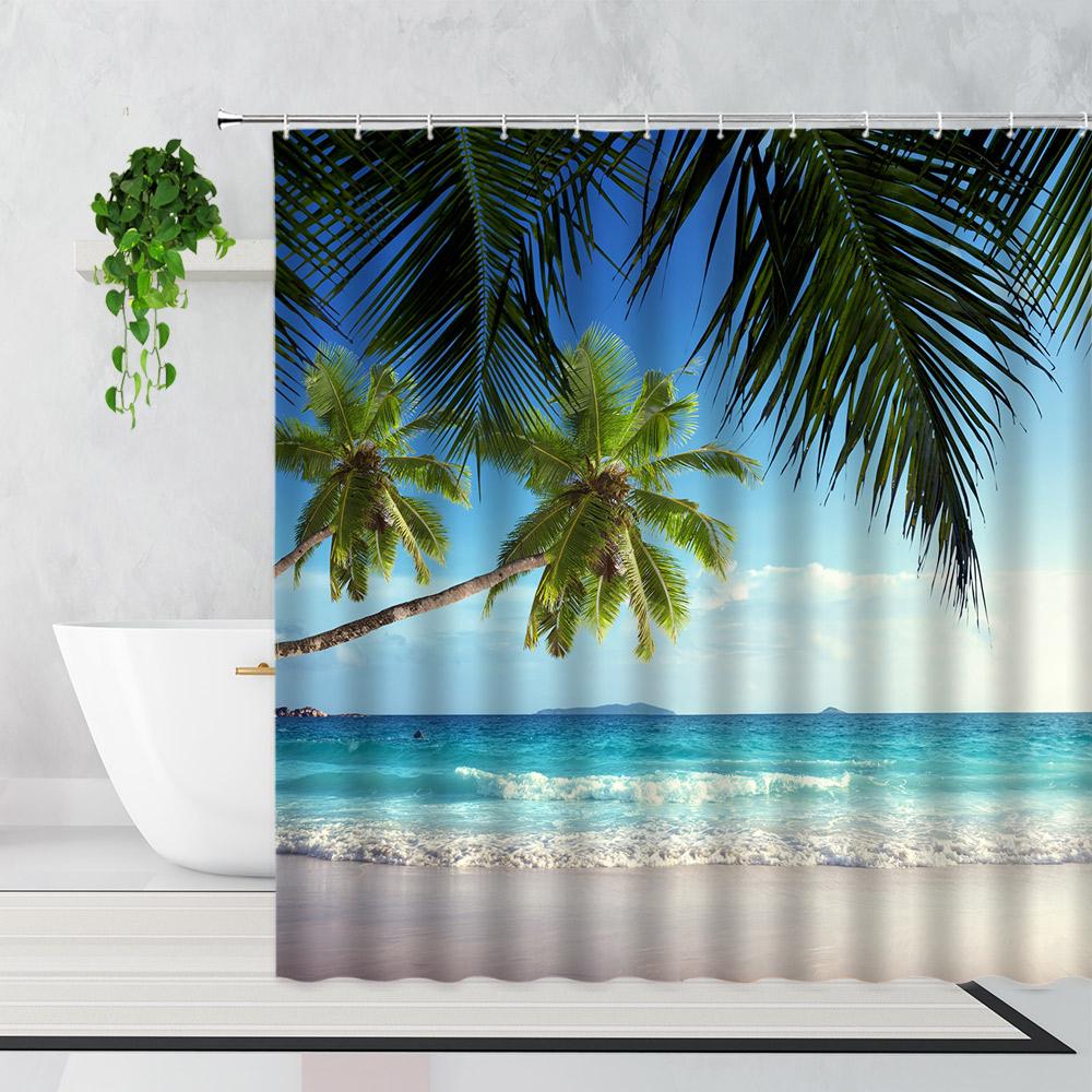 Palm Trees Beach Shower Curtains Sea Waves Island Vacation Hawaii Nature Scenery Summer Fabric Bathroom Decor Bath Curtain Hooks