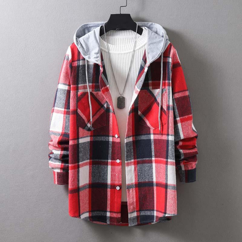 New Japanese Casual Men's Hooded Plaid Loose Polished Long-sleeved Shirt Small Coat Men