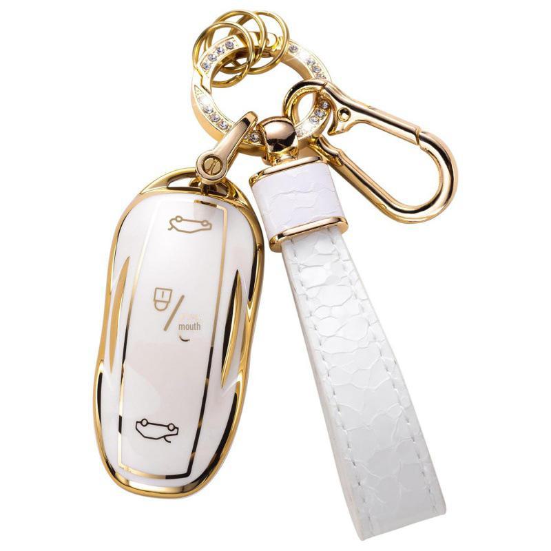 Autoschlüsselabdeckung mit goldenem Rand und Steinmuster, mit Schlüsselanhänger