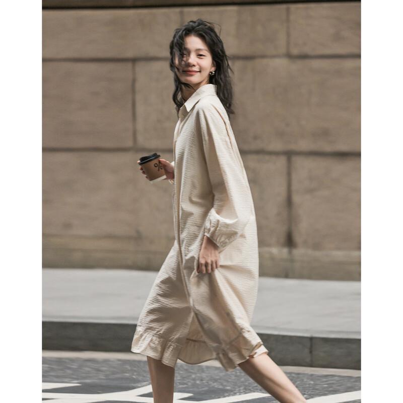 Demana Women's Spring Ruffle Edge Pure Cotton Shirt Dress