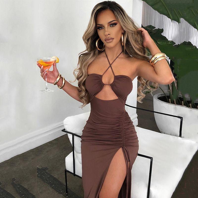European Fashion Sleeveless High-Split Halter Neck Dress