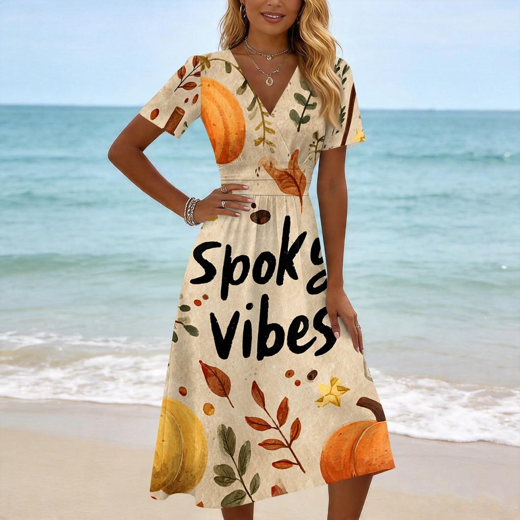 Womens Casual Halloween Printed Short Sleeve V Neck Dress Midi Length Comfortable Fit Seasonal Dress for Autumn and Fall