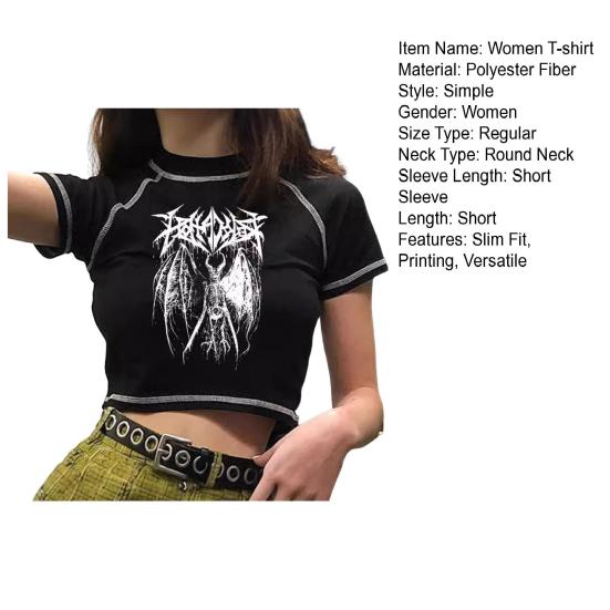 Women T-shirt Round Neck Short Sleeve Printing Cropped Tops Navel Exposed Tops Soft Breathable Tee Shirt