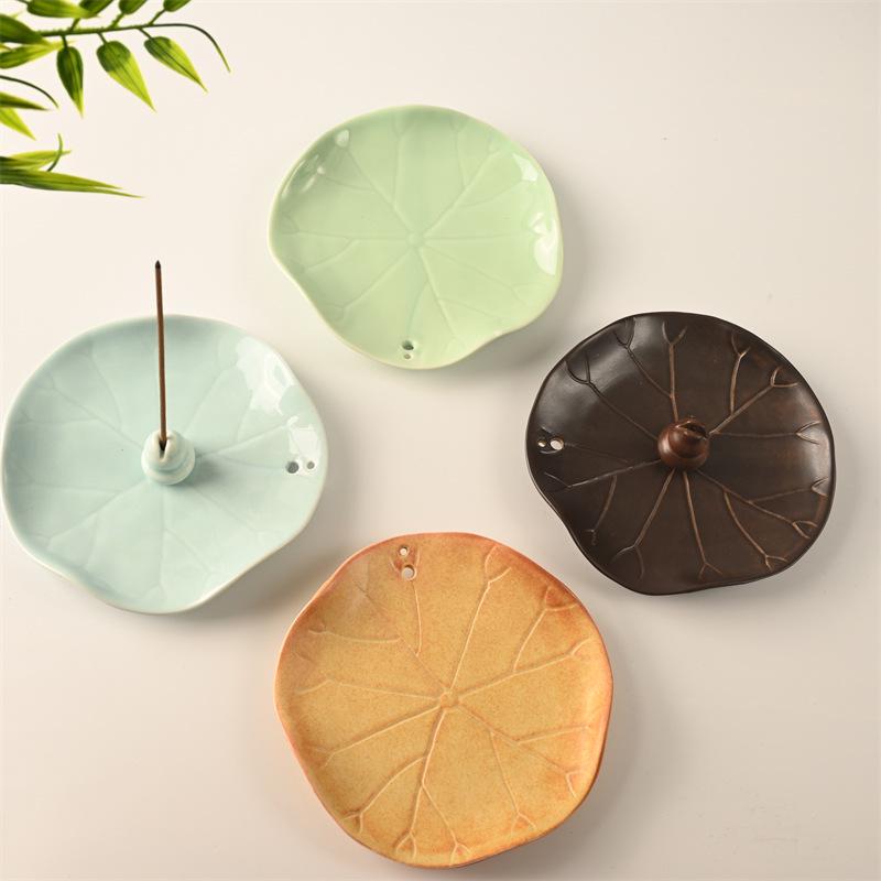 Lotus Leaf Ceramic Incense Holder for Sticks: Sandalwood Burner, Home/Study Room Decor, Tea Ceremony Tray.