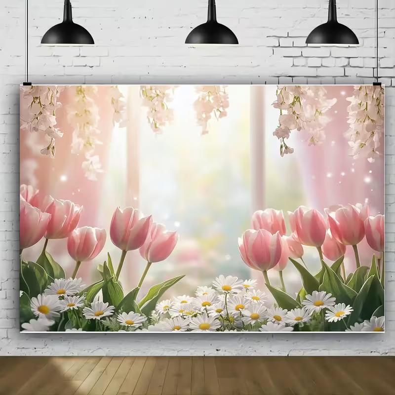 2D Pink Tulip & Daisy Photography Backdrop for Spring Party