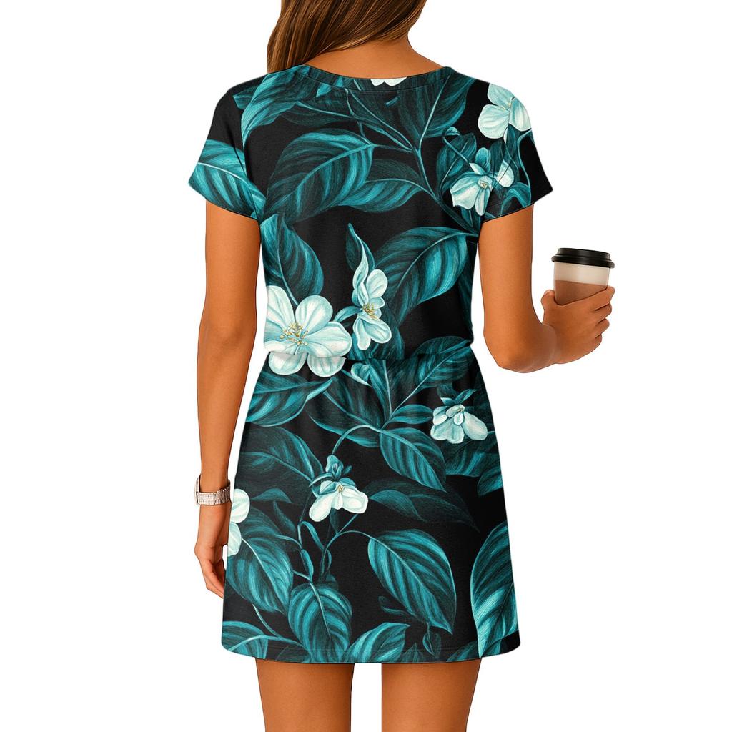 Women's Summer V-Neck Short Sleeved Drawstring With Pocket Floral Print Casual Dress