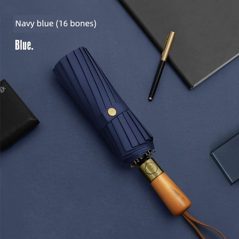 Automatic Umbrella Men Wooden Handle Reinforcement Sun Protection UV Protection Rain and Rain Dual-Use Female Vinyl Rainstorm Dedicated Umbrella