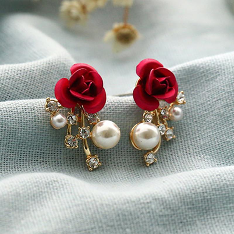 Retro Classic Wine Red Flowers Tassel Earrings For Women Temperament Long Pendant Ear Nail Korean Style Jewelry