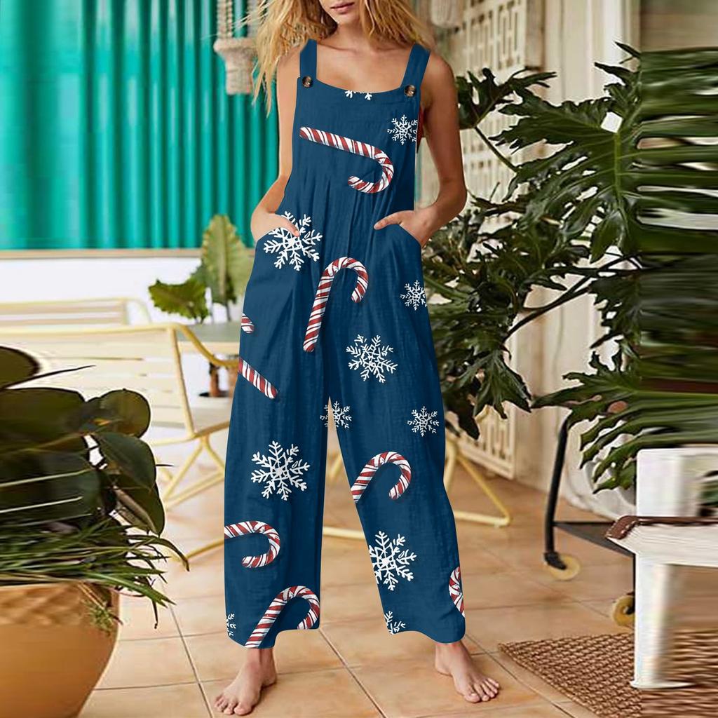 Women's Casual Christmas Printed Jumpsuit Sleeveless Printed Cotton Jumpsuit
