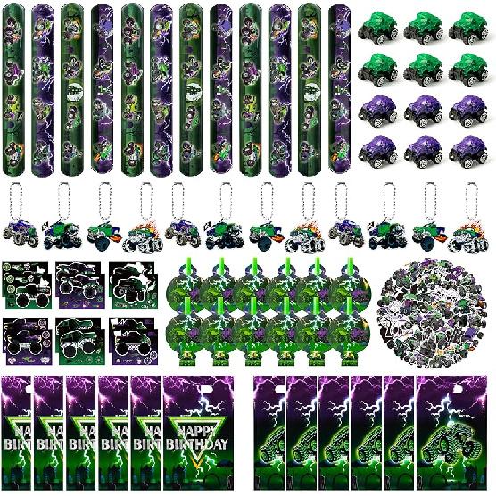 Haooryx Green Purple Monster Truck Party Favor - 122Pcs Monster Truck Slap Bracelets Sticker Blowouts Noisemaker Mini Vehicles Car Toy Keychain waith 122Pcs