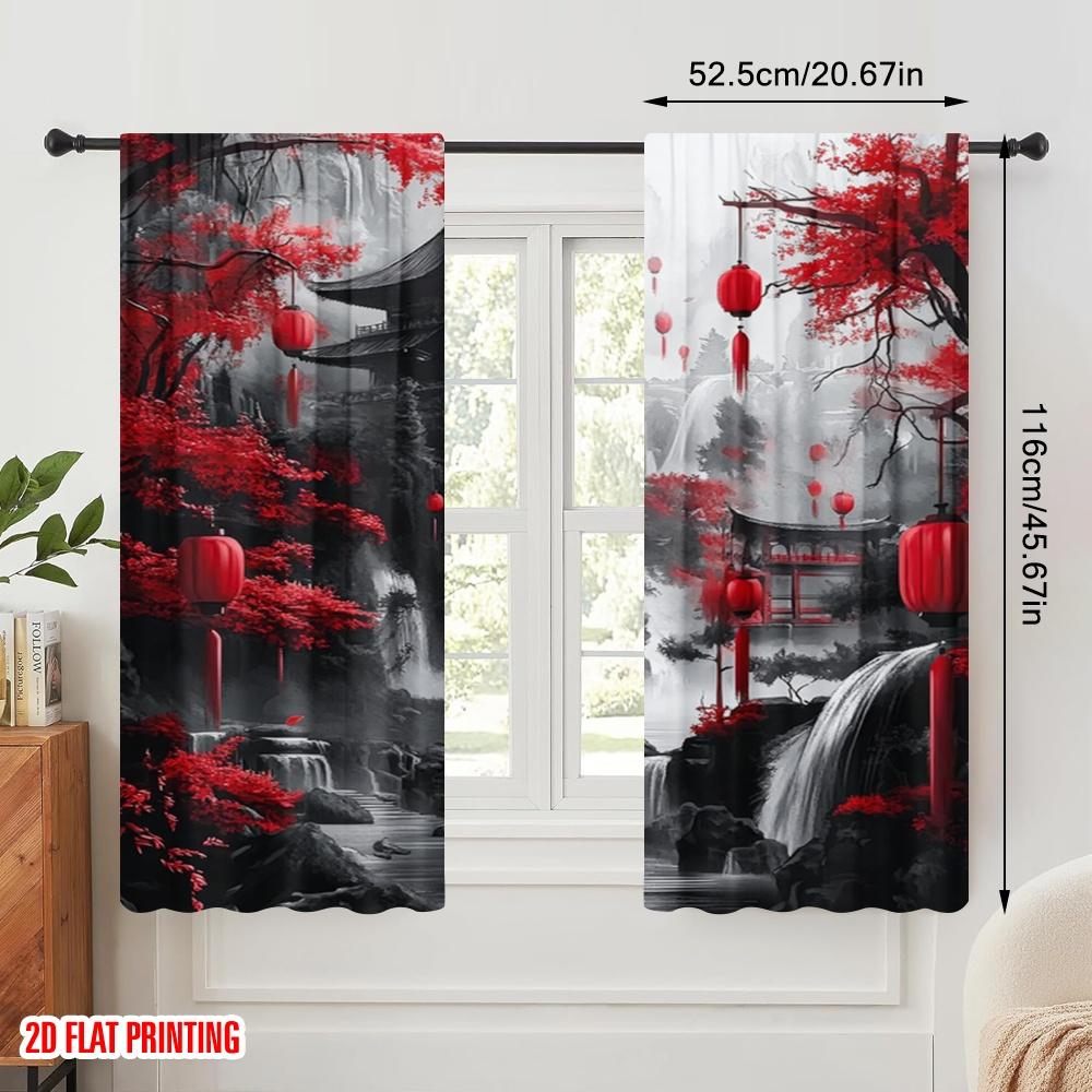 2pcs,2D Plane Printing Light Filtering Curtains Crimson Cascade Durable 100% Polyester Fabric (without Rod) Art Deco Festive