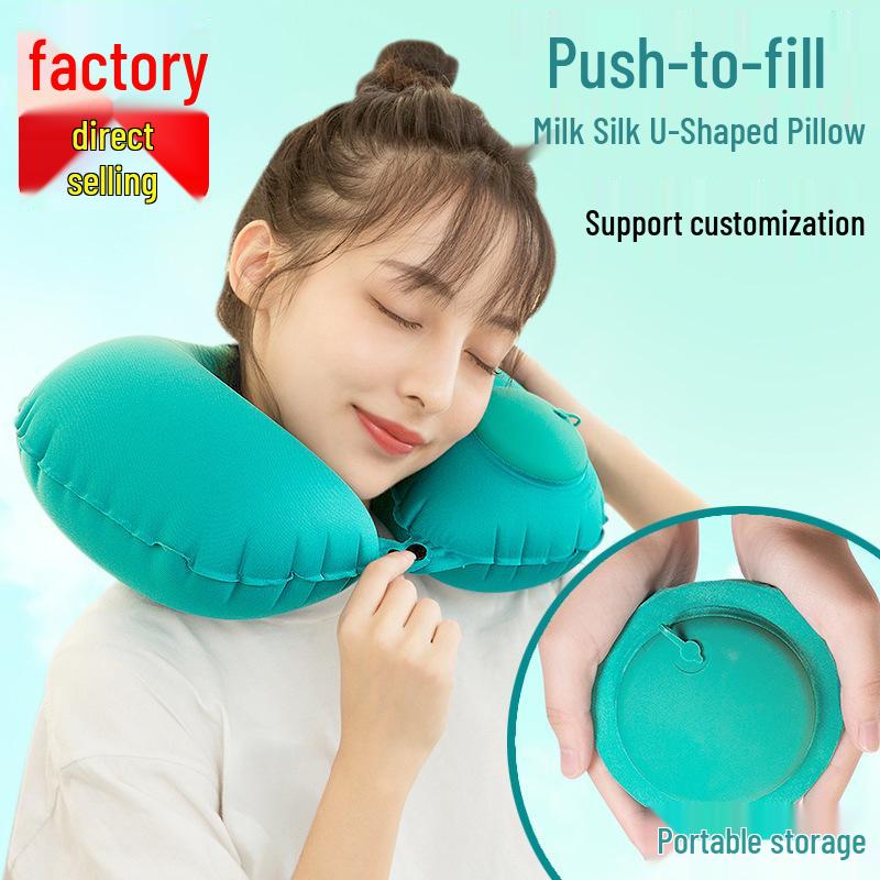 Available: Press-Type Inflatable U-Shaped Travel Neck Pillow for Airplanes and Lunch Breaks.