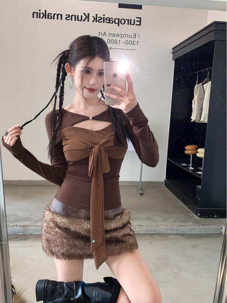 2025 Retro Spicy Girl Patchwork Mesh Sequin Lace-Up Slimming Long Sleeve Top