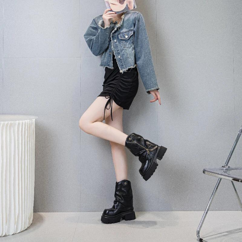 Módní kotníkové boty 13 cm Komínové boty Kožené boty z pravé hovězí kůže Nazouvací Dámské Podzimní Motorkářské Jarní Dámská Móda Mokasíny