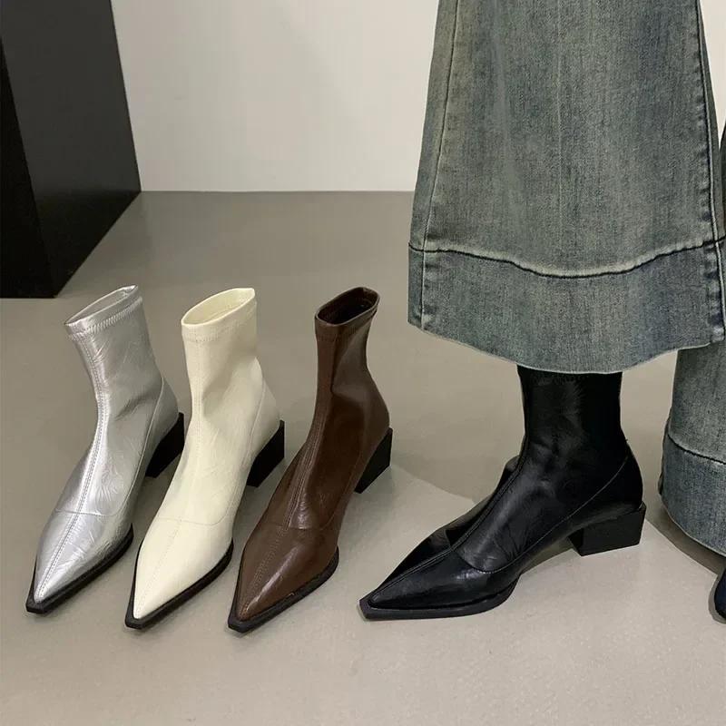 Pointed Toe Women Slim Ankle Boots Fashion Square Low Heel Ladies Elegant Back Zippers Short Booties Women'S Footwear