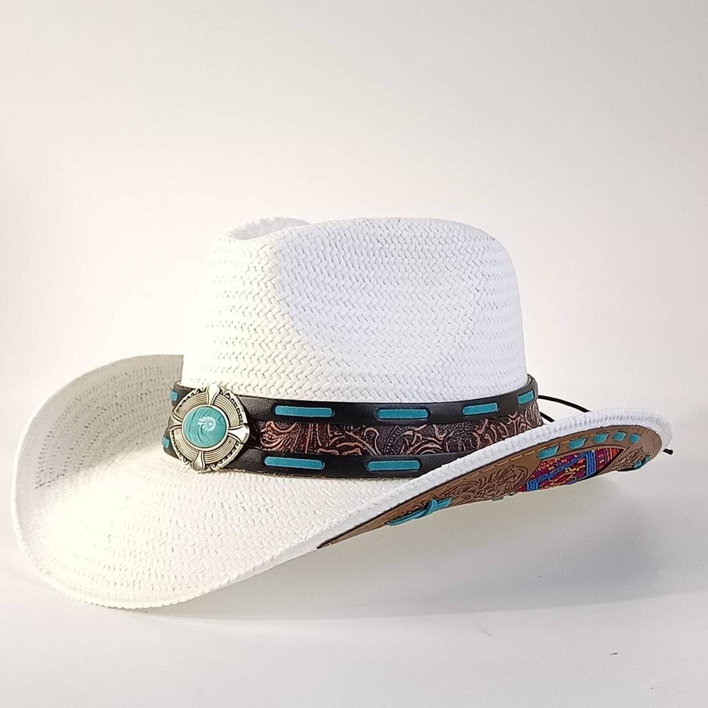 Sombrero de paja estilo western para hombre con hebilla decorativa turquesa sombrero de sol de ala ancha sombrero de vaquero de playa de verano para mujer