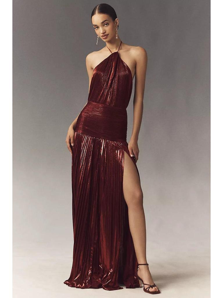 European and American Women's Metallic Pleated Slit Halter Dress Sleeveless Backless Lace-Up 8155