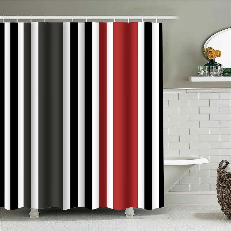 Modern Bath Shower Curtain With Bold Stripes Waterproof Fabric For Home Decor In Red Black Size 180X240Cm