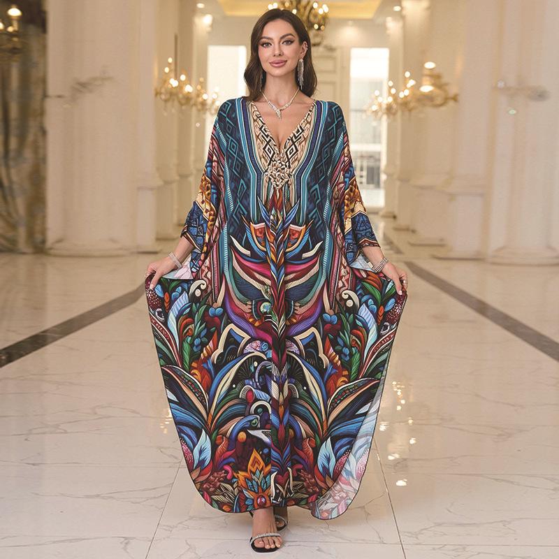 2025 European & American Cotton Printed Beach Dress Women's Long Loose Cover-Up with Sun Protection