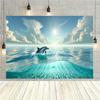 2D plane dolphin drifting background fabric with leaping dolphins and turquoise water area party decorations polyester fiber