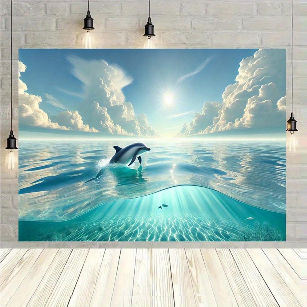 2D plane dolphin drifting background fabric with leaping dolphins and turquoise water area party decorations polyester fiber